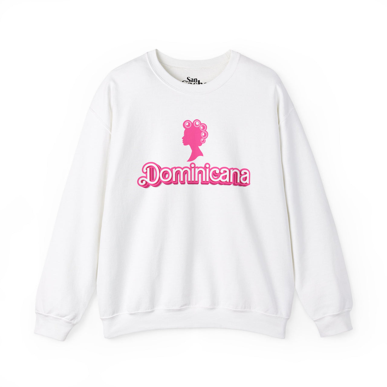 White Gildan 18000 graphic crew neck sweatshirt with a Barbie con Rollos graphic and the words "Doninicana" on the front