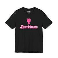 Thumbnail for Black Bella + Canvas 3001  t-shirt with a bold pink Barbie Style Font with the word 'Dominicana' text across the chest, featuring a Barbie style silhouette of a woman's head in hair curlers above the text, designed in a vibrant and playful style.