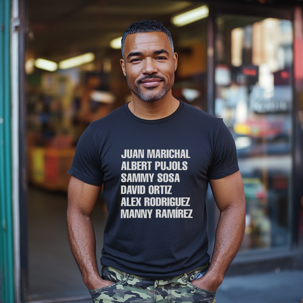 Handsome, Good Looking Dominican Uncle, Papi or Dad Wearing a Black Bella + Canvas T-Shirt with MVPs of Dominican Baseball Text