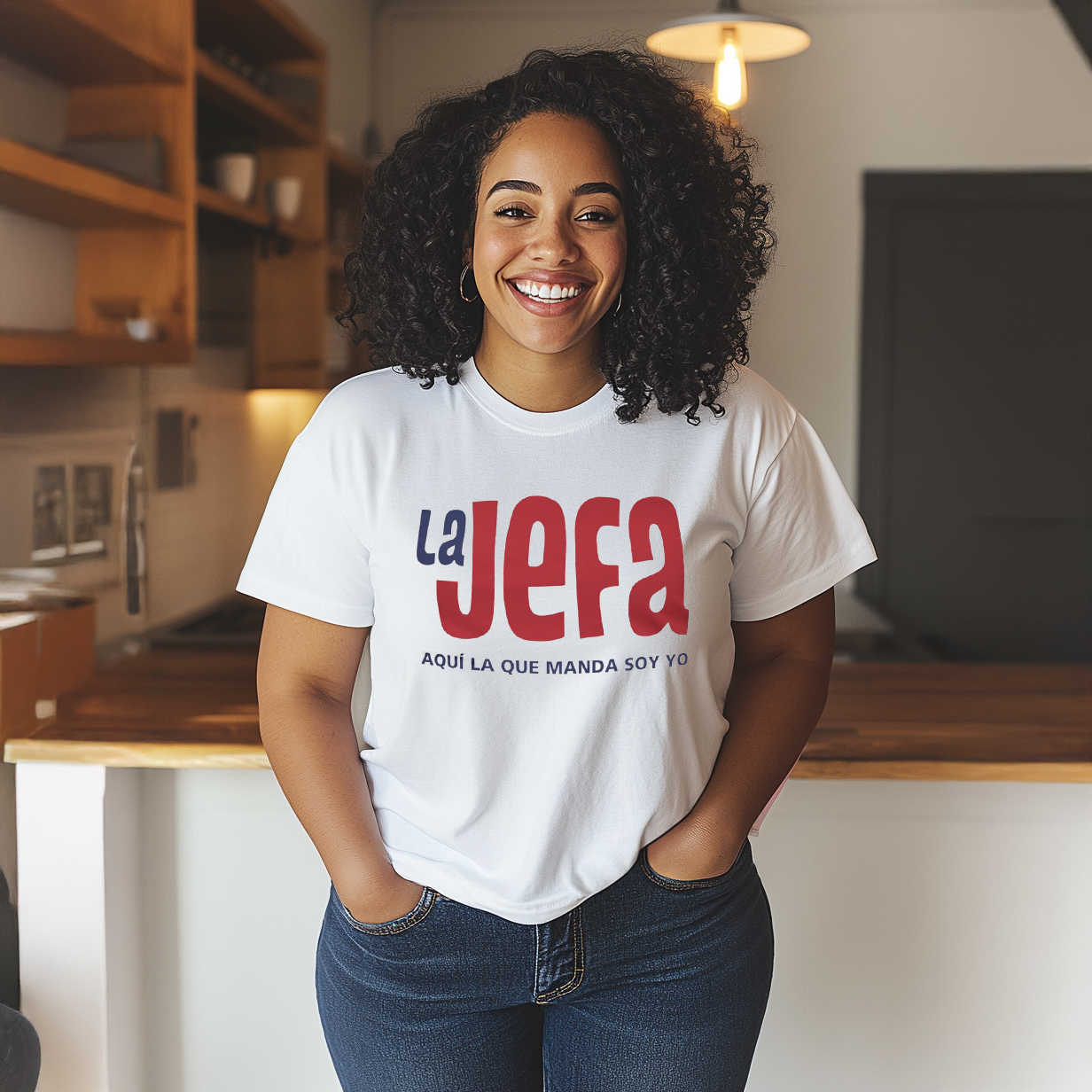 Beautiful Smiling Dominican Girl Wearing a white "La Jefa" or "The Boss" Bella + Canvas T-Shirt