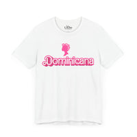 Thumbnail for White Bella + Canvas 3001  t-shirt with a bold pink Barbie Style Font with the word 'Dominicana' text across the chest, featuring a Barbie style silhouette of a woman's head in hair curlers above the text, designed in a vibrant and playful style.