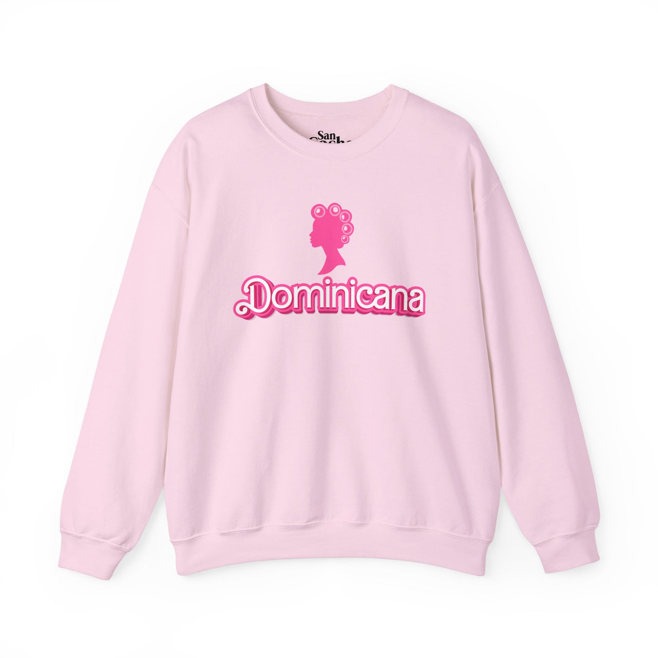 Pink Gildan 18000 graphic crew neck sweatshirt with a Barbie con Rollos graphic and the words "Doninicana" on the front