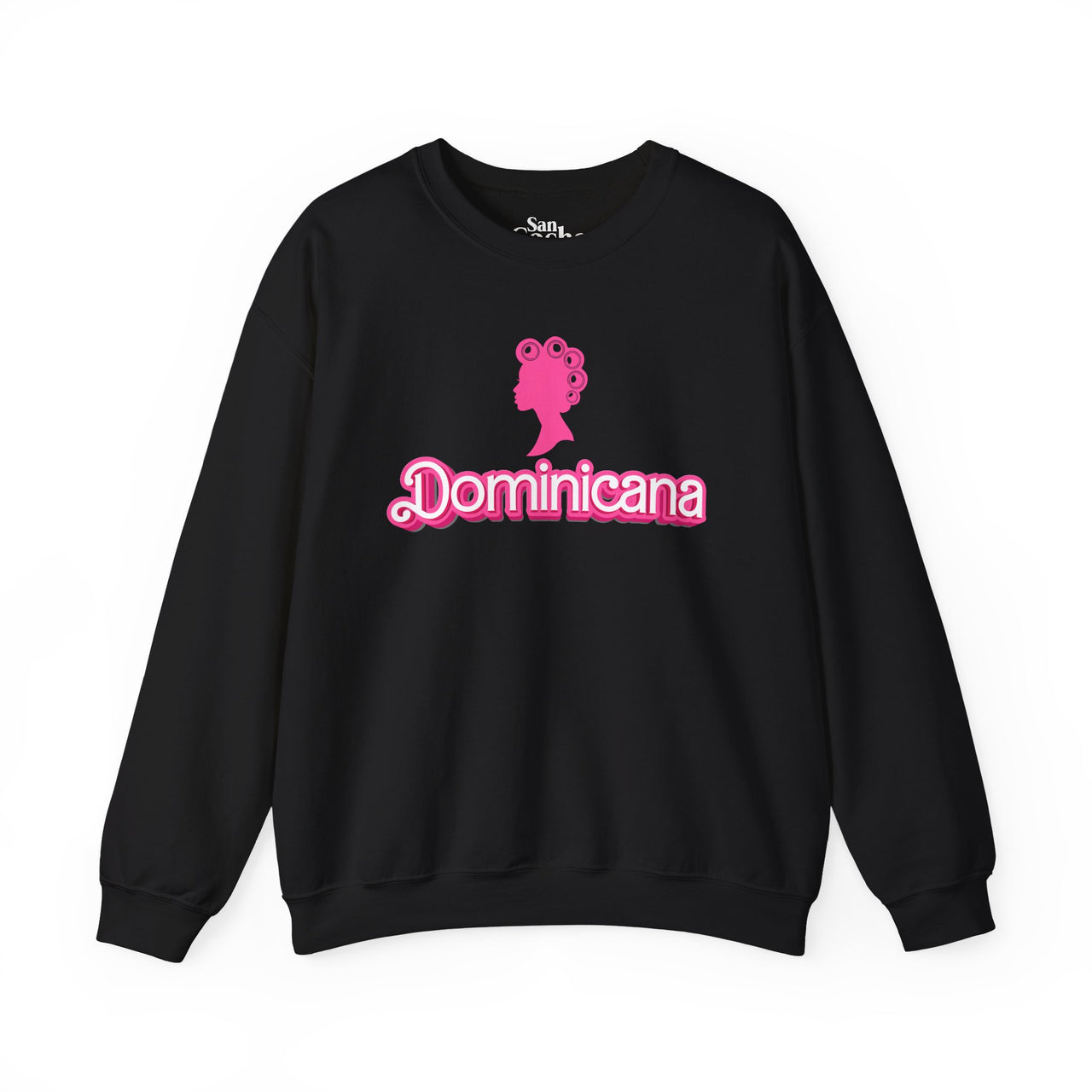 Black Gildan 18000 graphic crew neck sweatshirt with a Barbie con Rollos graphic and the words "Doninicana" on the front