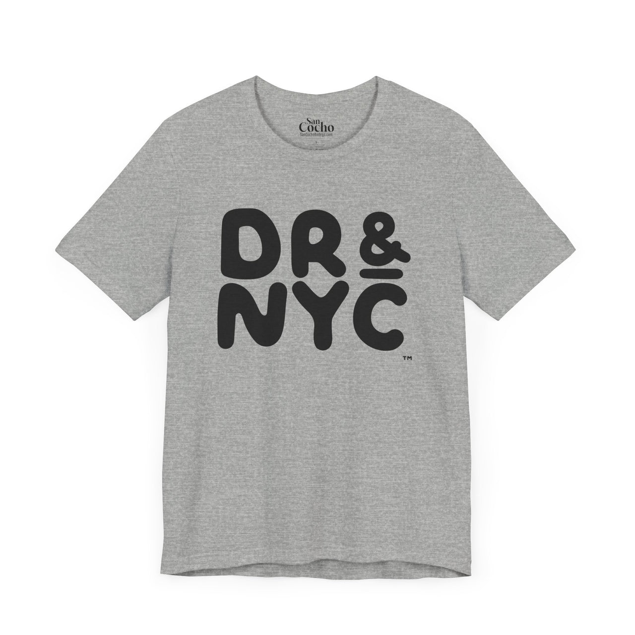 An athletic heather flat lay mockup of a graphic Bella Canvas 3001 graphic tshirt with the words "DR & NYC" on the front