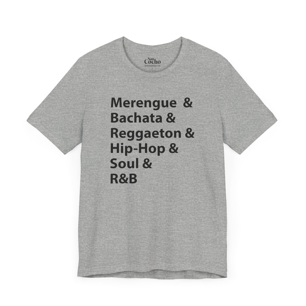 An athleticheather flat lay mockup of a Bella Canvas 3001 graphic tshirt about afro latino music with the words "Merenge & Bachata & Reggaeton & Hip-Hop & Soul & R&B" on the front