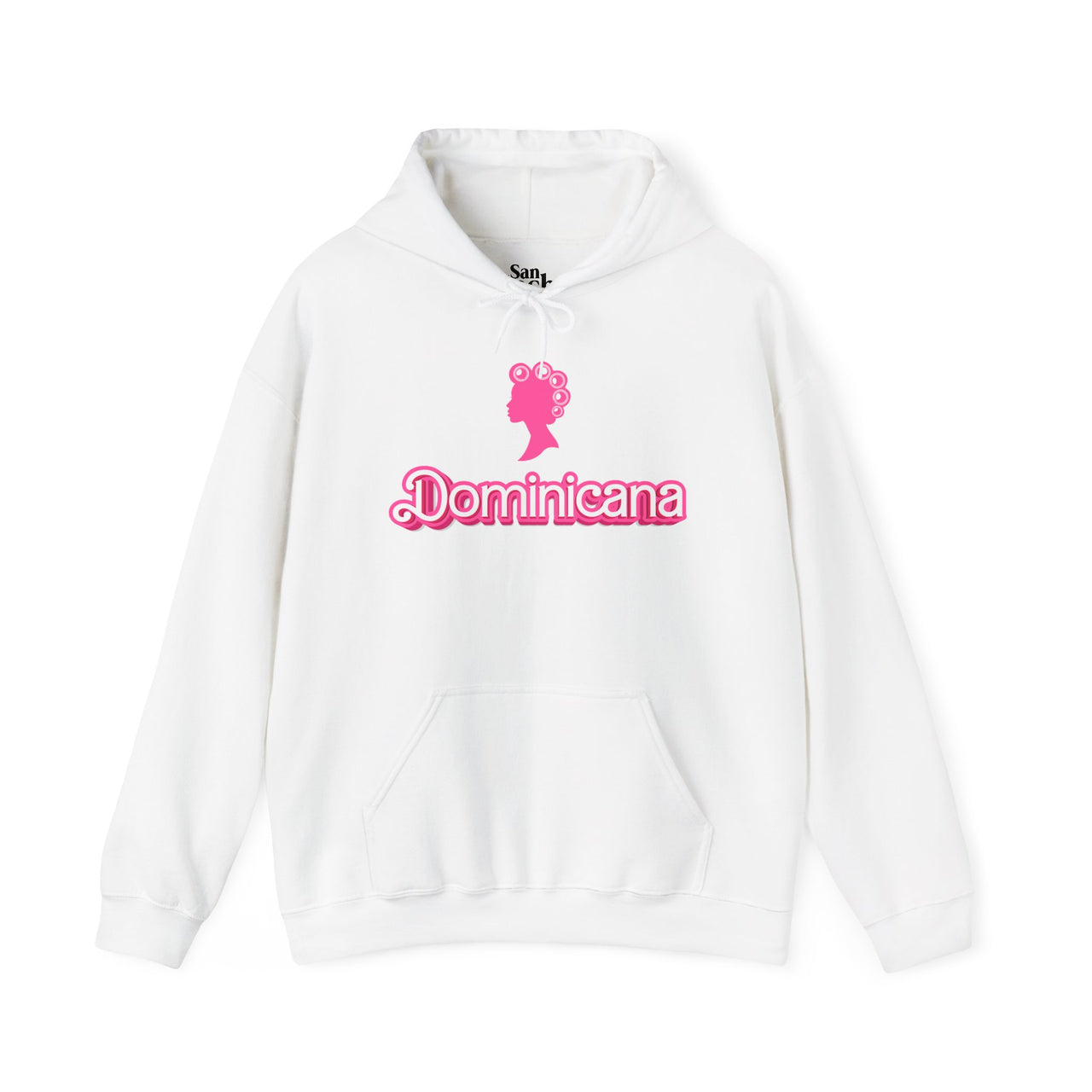 White Oversized Gildan 18500 graphic hoodie with the words "Un Poco Malcria" on the front in a Barbie font