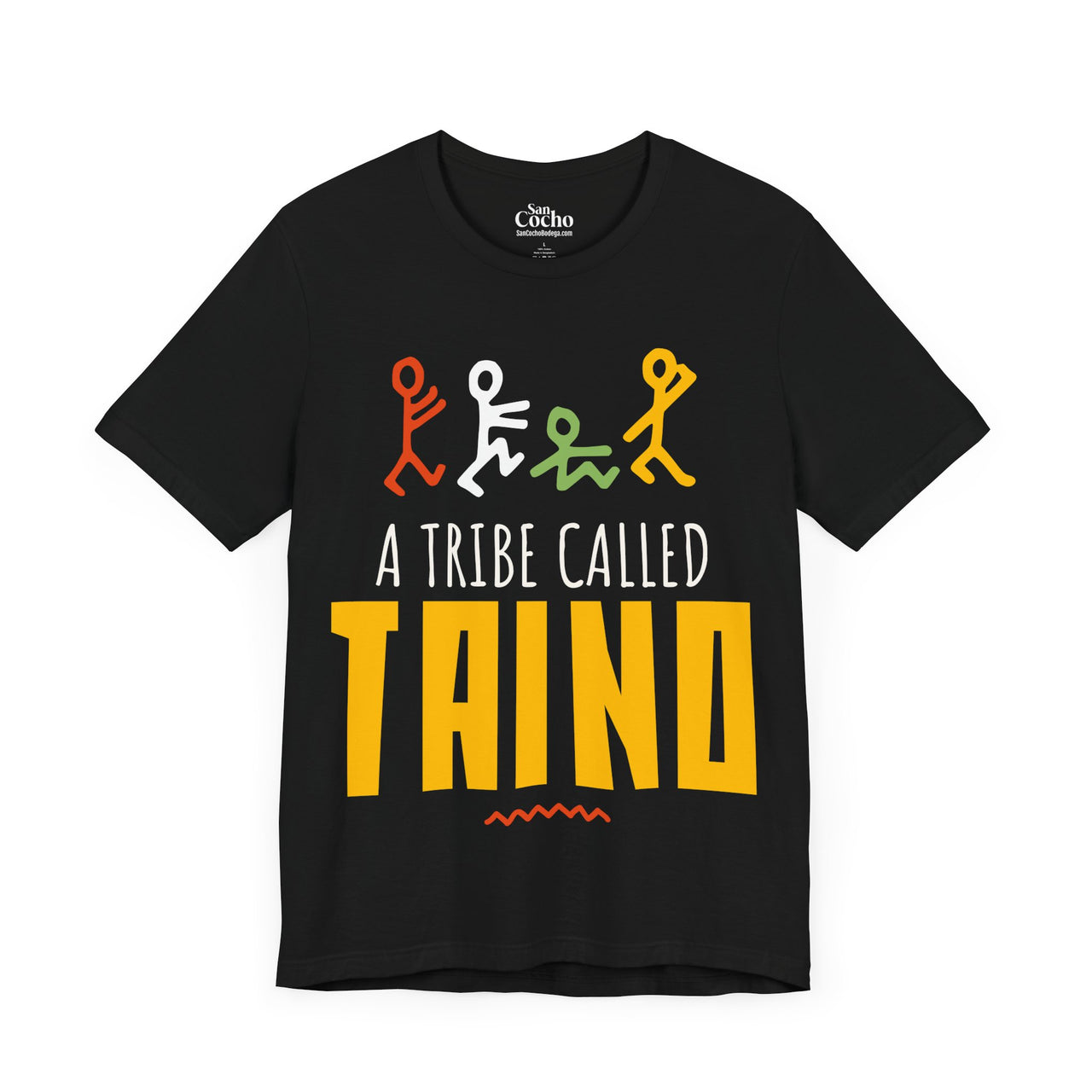 A black flat lay mockup of a graphic bella canvas 3001 tshirt with stick figures and the text "A Tribe Called Taino" on the front