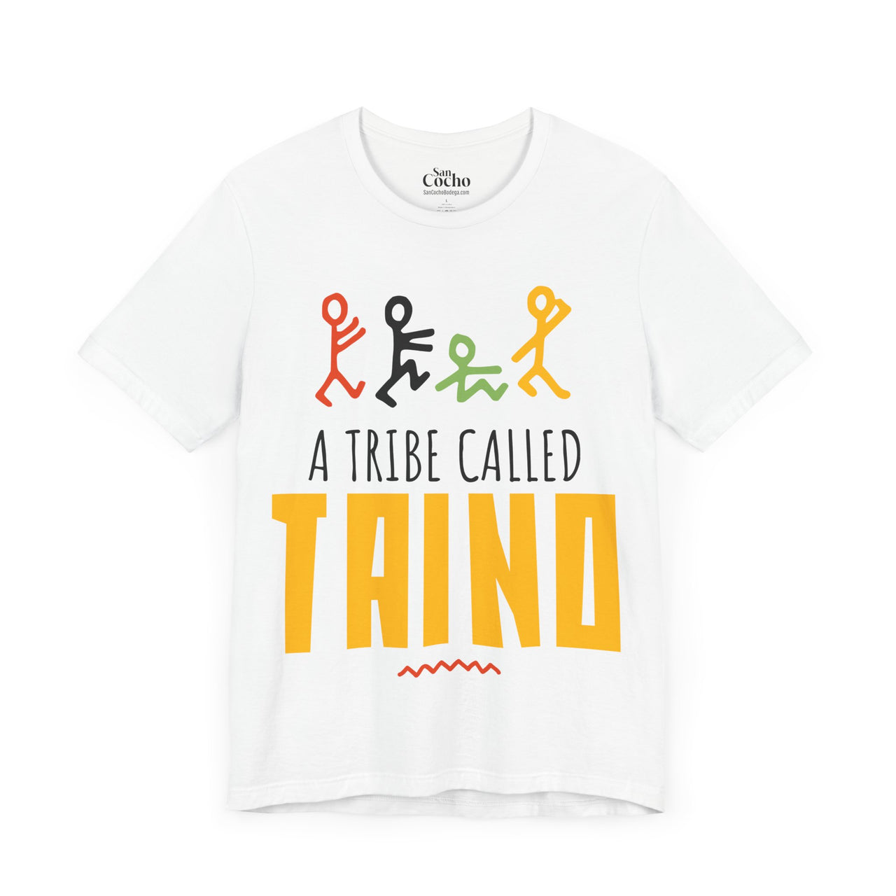 A white flat lay mockup of a graphic bella canvas 3001 tshirt with stick figures and the text "A Tribe Called Taino" on the front