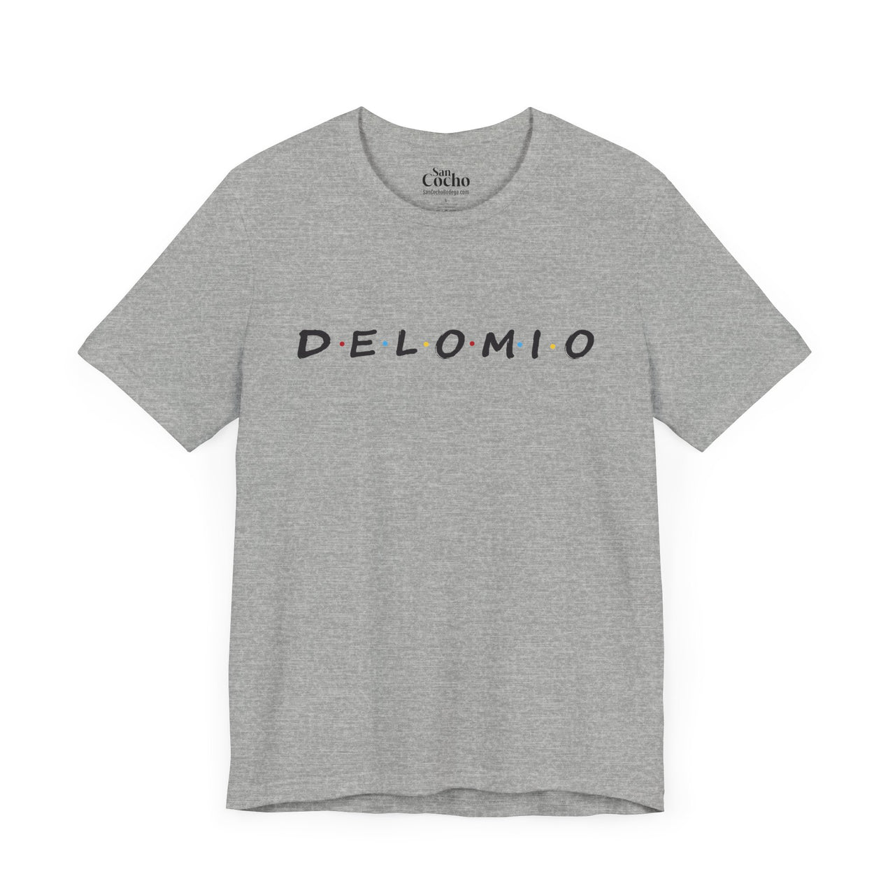 An athletic heather flat lay mockup of a graphic Bella Canvas 3001 graphic tshirt with the words "De Lo Mio" a Parady of the Friends TV Show font