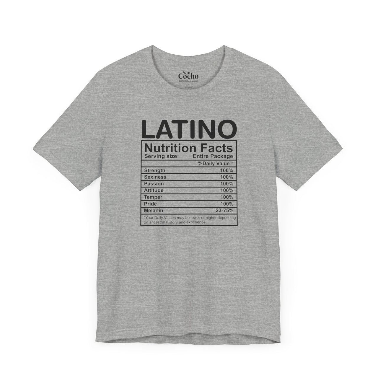 An athletic heather flat lay mockup of a Bella Canvas 3001 graphic tshirt with the words "Latino Nutrition Facts" followed by an ingredients label on the front