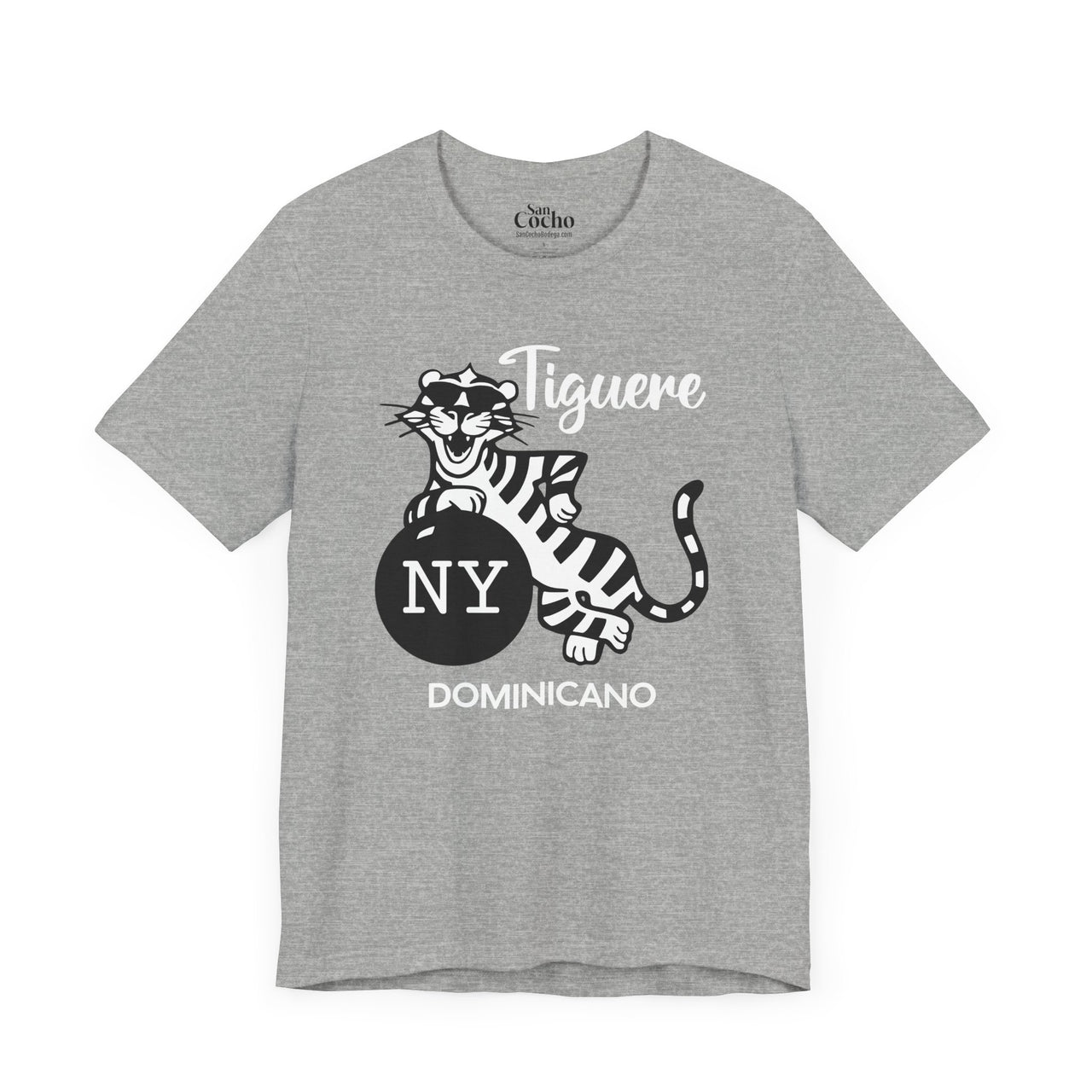 An athletic heather flat lay mockup of a  Bella Canvas 3001 graphic tshirt with a cartoon tiger and a bomb with the words "Tiguere NY Dominicano" on the front