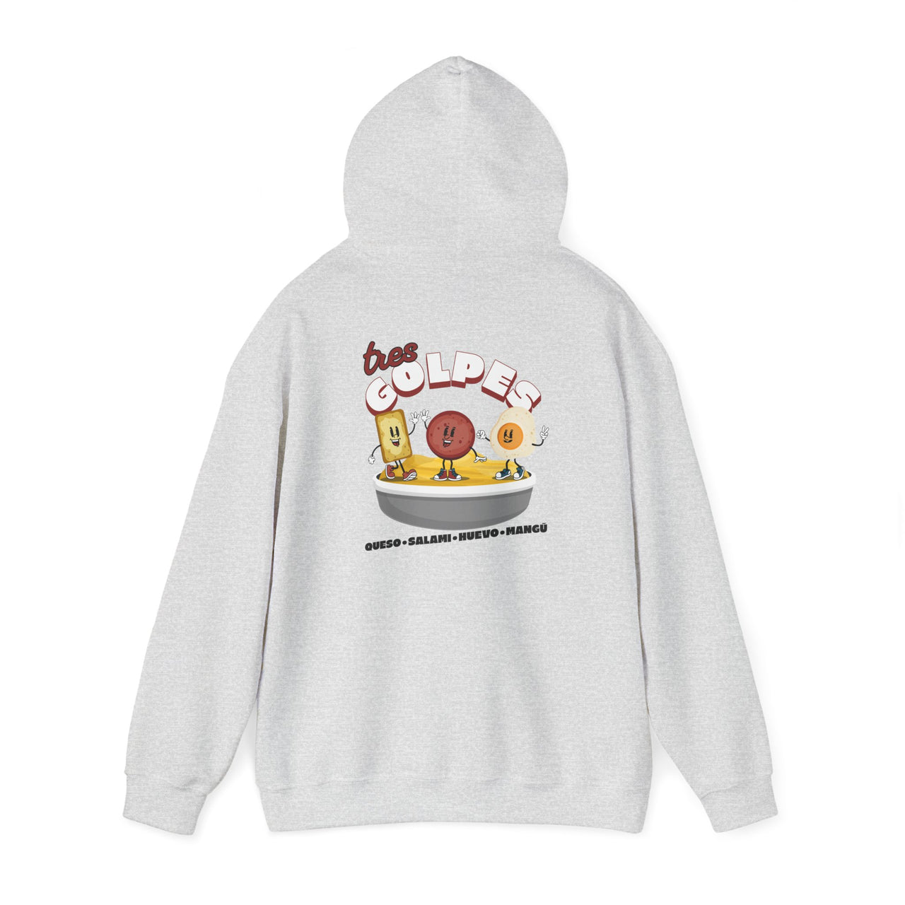 Back of an ash gray oversized Gildan 18500 graphic hoodie with a vintage graphic of salami, juevos, and queso and the words "tres golpes" the famous Dominican breakfast on it