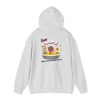 Thumbnail for Back of an ash gray oversized Gildan 18500 graphic hoodie with a vintage graphic of salami, juevos, and queso and the words 