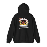 Thumbnail for Back of an black oversized Gildan 18500 graphic hoodie with a vintage graphic of salami, juevos, and queso and the words 