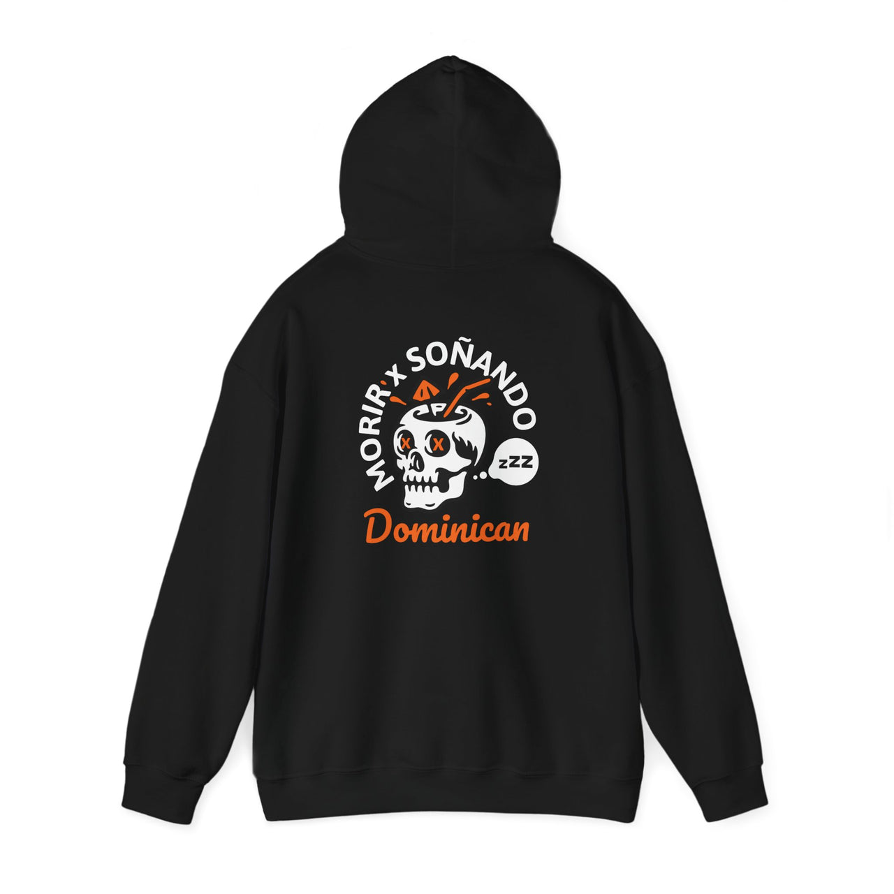 Back of a black oversized Gildan 18500 graphic hoodie with a skull drink and the words "Morir Soñando Dominican"