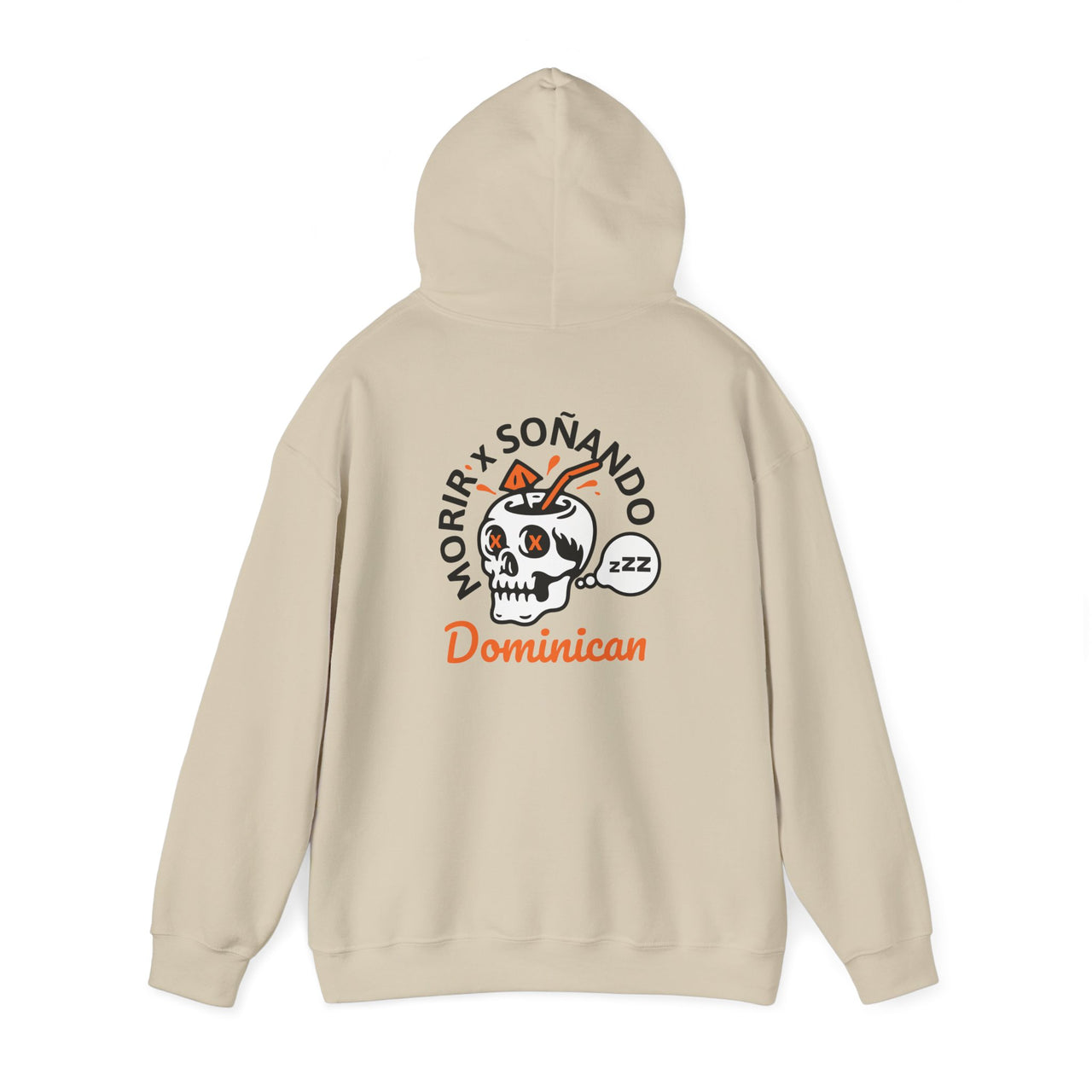 Back of a tan sand oversized Gildan 18500 graphic hoodie with a skull drink and the words "Morir Soñando Dominican"