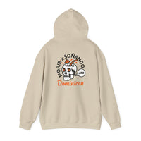 Thumbnail for Back of a tan sand oversized Gildan 18500 graphic hoodie with a skull drink and the words 