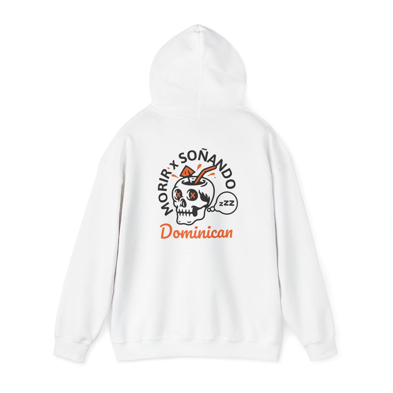 Back of a white oversized Gildan 18500 graphic hoodie with a skull drink and the words "Morir Soñando Dominican"