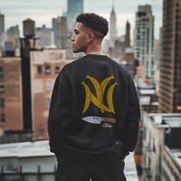 Thumbnail for Back of a good Looking Dominican Uncle, Papi or Dad Wearing a Gildan 18000 graphic crew neck sweatshirt with Platanos Shaped Like the New York Yankees Logo and 