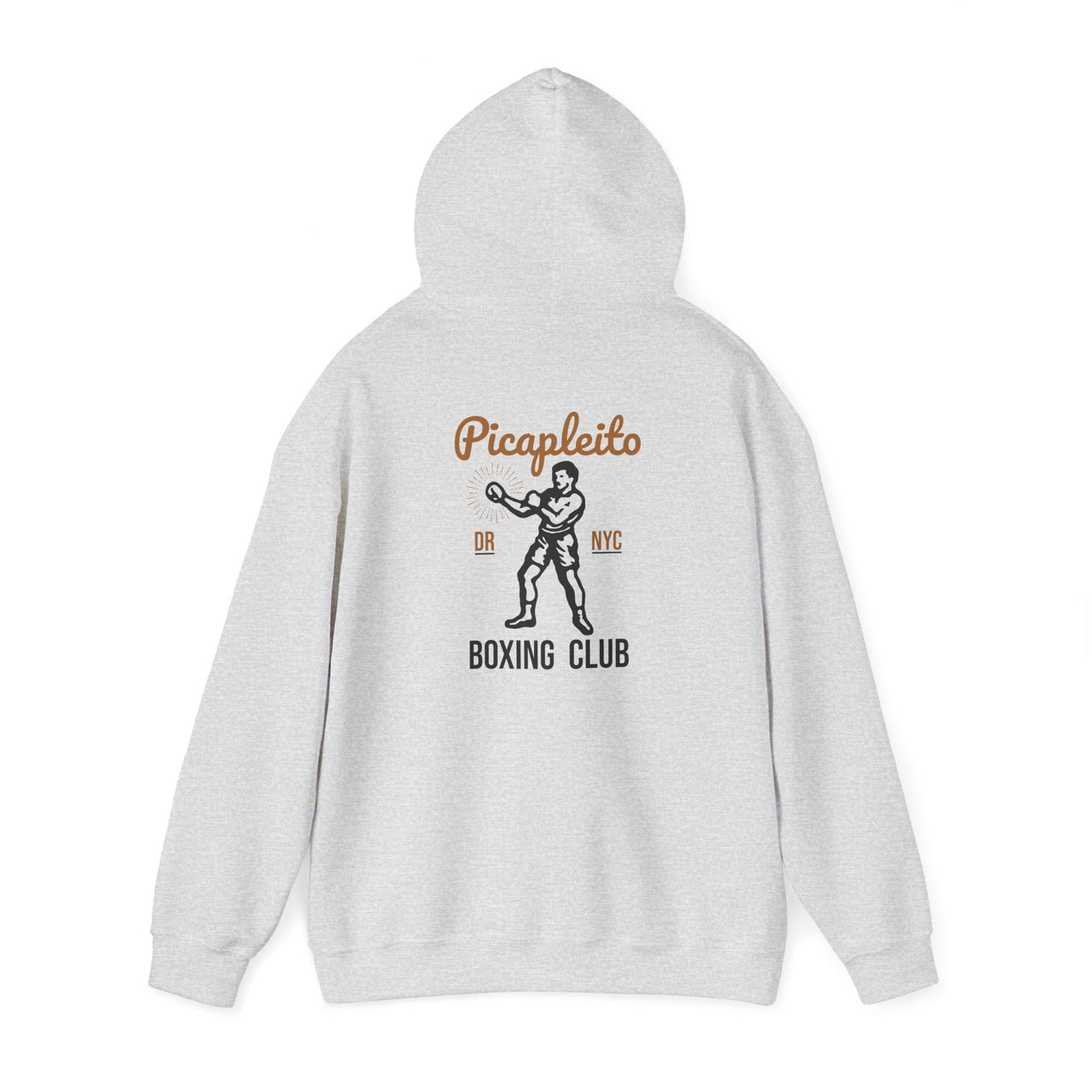 Flat lay mockup of ash gray Gildan 18000 graphic Hoodie with a vintage image of a guy in boxing gloves with the words "Picapleito DR NYC Boxing Club"