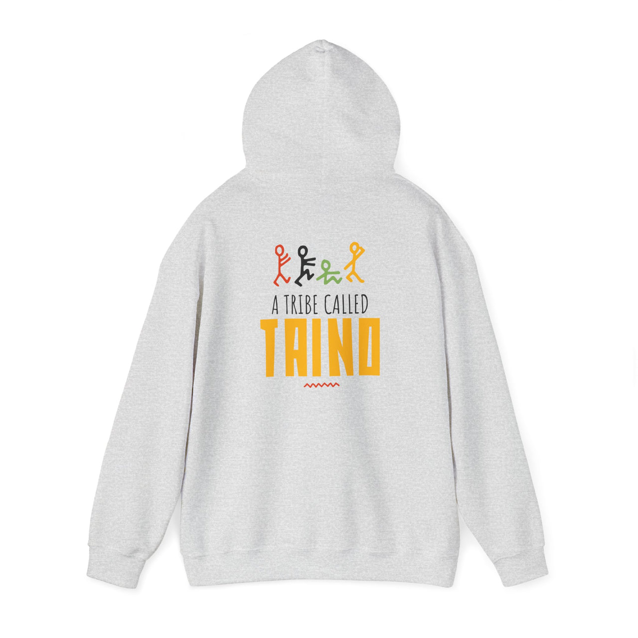 Flat lay of the back of an ash gray Gildan 18500 graphic Hoodie with a 80s style image of stick figures with the words "A Tribe Called Taino", similar to Tribe Called Quest