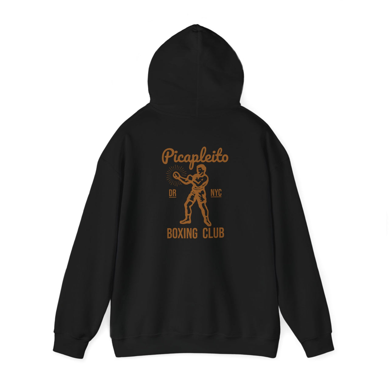 Flat lay mockup of black Gildan 18000 graphic Hoodie with a vintage image of a guy in boxing gloves with the words "Picapleito DR NYC Boxing Club"