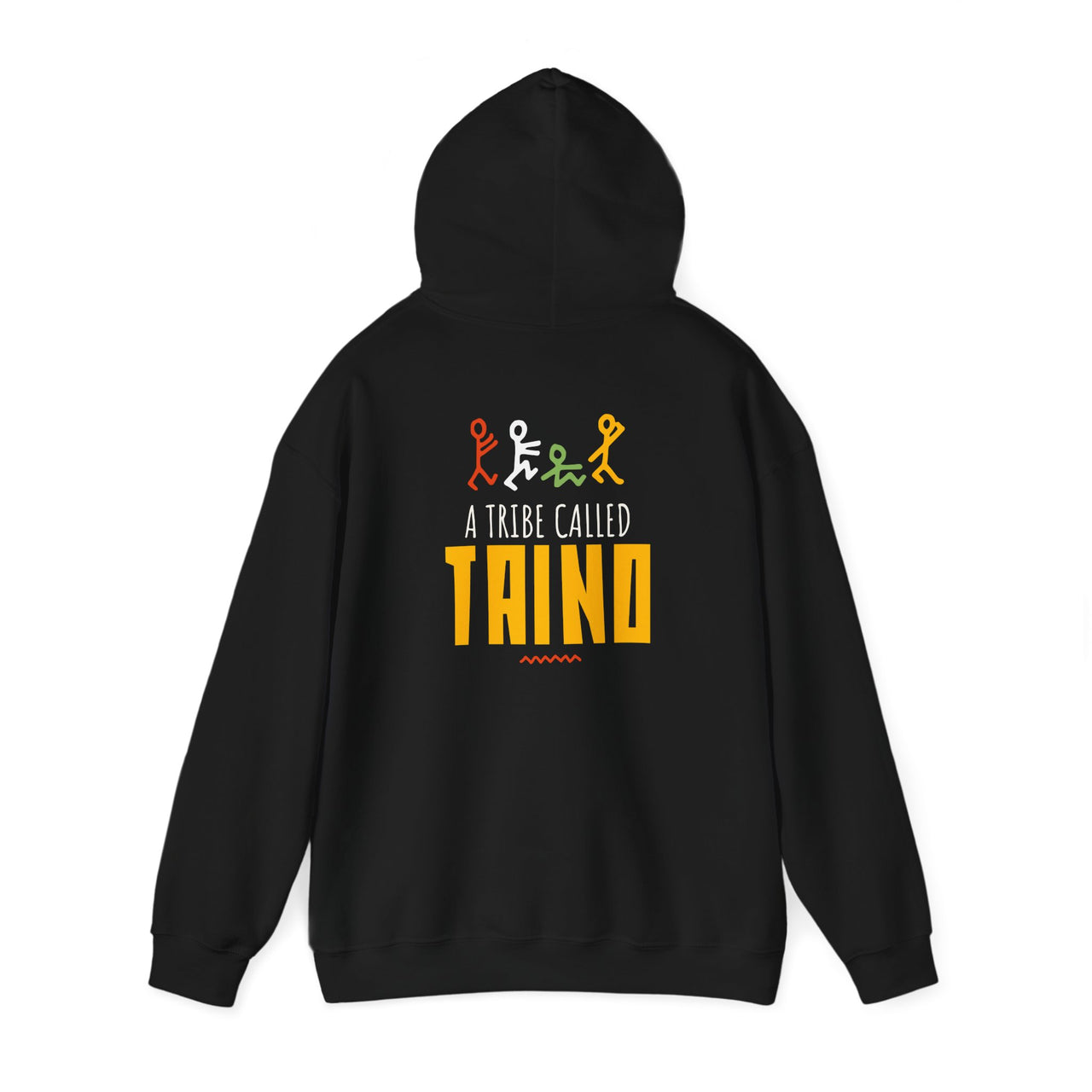 Flat lay of the back of a black Gildan 18500 graphic Hoodie with a 80s style image of stick figures with the words "A Tribe Called Taino", similar to Tribe Called Quest