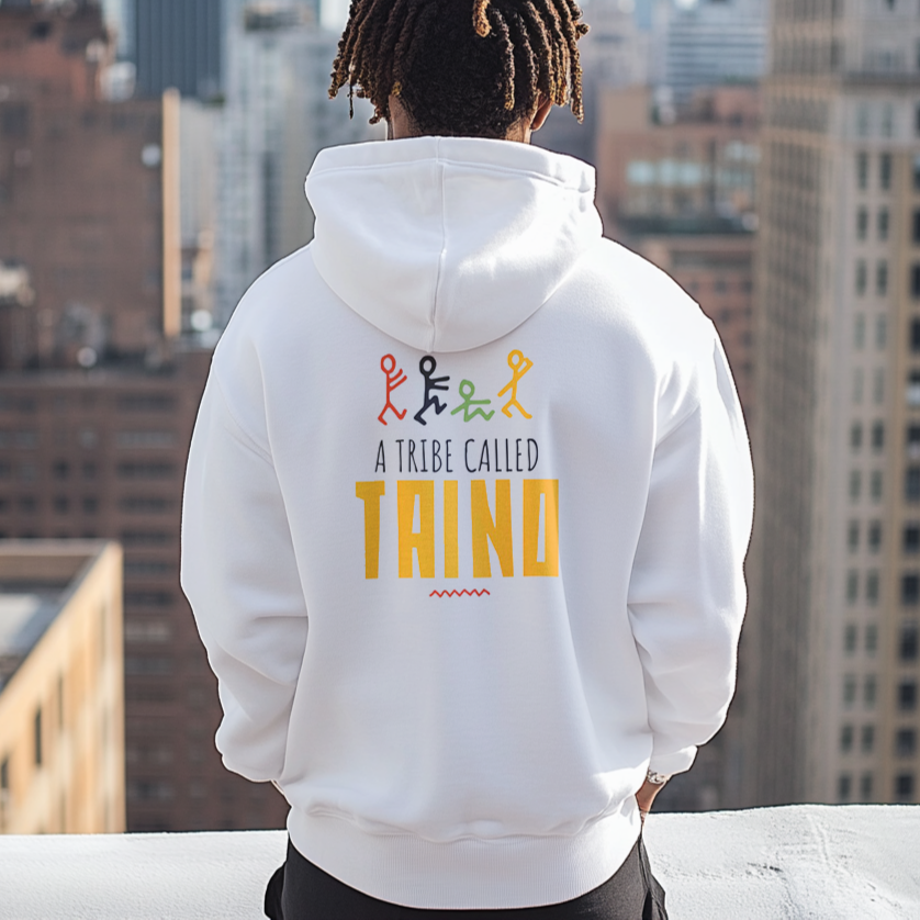 The back of a man wearing a Gildan 18000 graphic Hoodie with a 80s style image of stick figures with the words "A Tribe Called Taino", similar to Tribe Called Quest