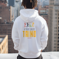 Thumbnail for The back of a man wearing a Gildan 18000 graphic Hoodie with a 80s style image of stick figures with the words 