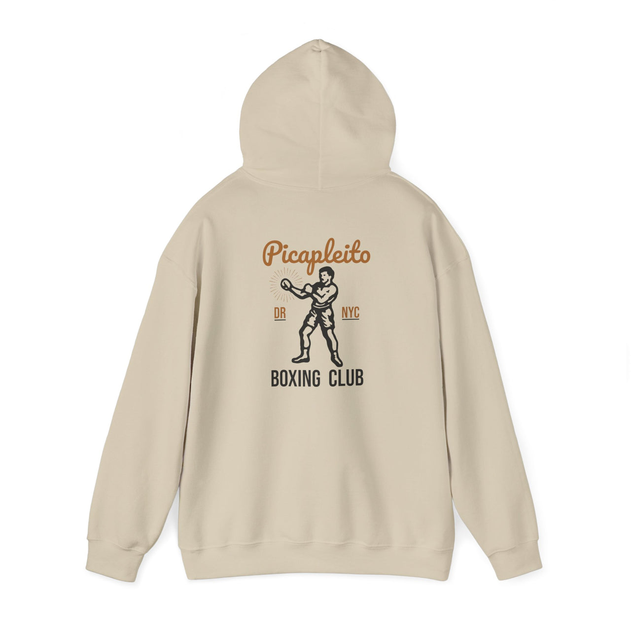 Flat lay mockup of tan sand colored Gildan 18000 graphic Hoodie with a vintage image of a guy in boxing gloves with the words "Picapleito DR NYC Boxing Club"