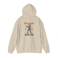 Thumbnail for Flat lay mockup of tan sand colored Gildan 18000 graphic Hoodie with a vintage image of a guy in boxing gloves with the words 