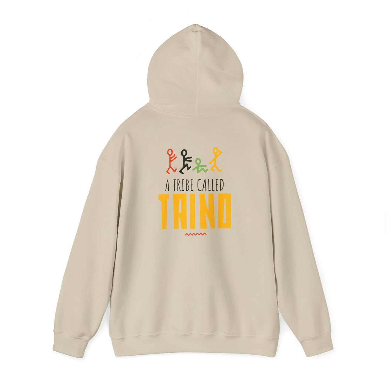 Flat lay of the back of a sand tan Gildan 18500 graphic Hoodie with a 80s style image of stick figures with the words "A Tribe Called Taino", similar to Tribe Called Quest