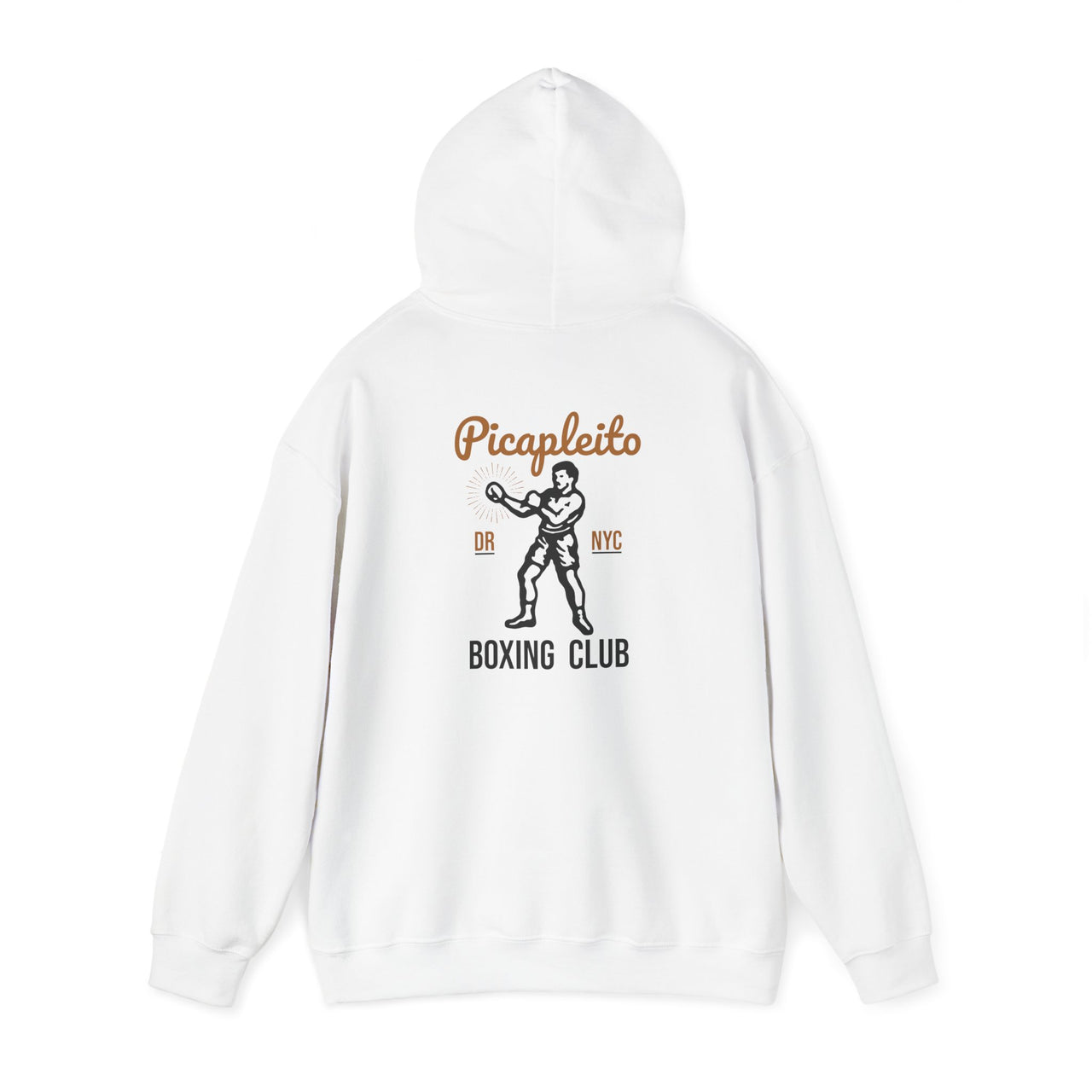 Flat lay mockup of white a Gildan 18000 graphic Hoodie with a vintage image of a guy in boxing gloves with the words "Picapleito DR NYC Boxing Club"