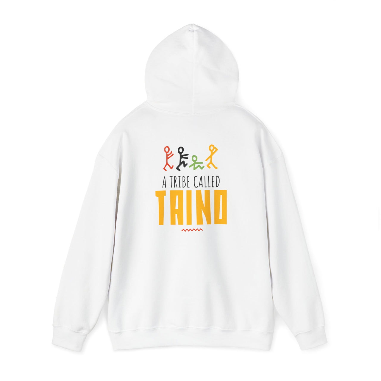 Flat lay of the back of a white Gildan 18500 graphic Hoodie with a 80s style image of stick figures with the words "A Tribe Called Taino", similar to Tribe Called Quest