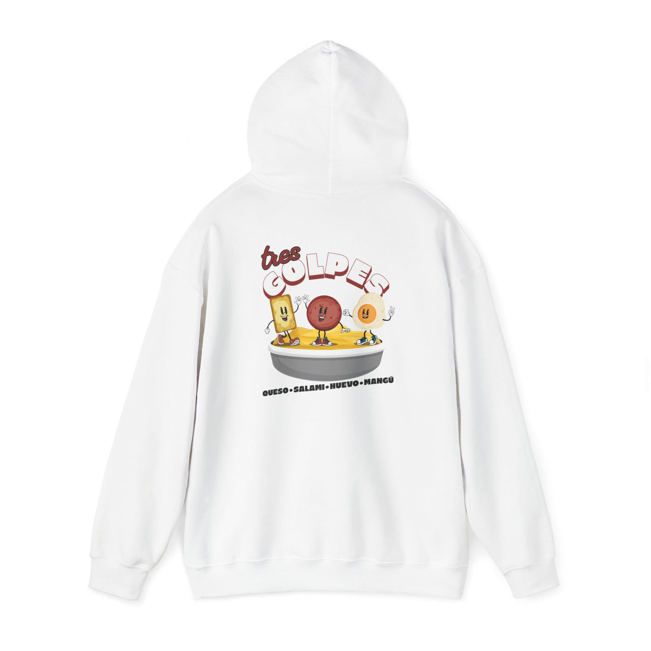 Back of a white oversized Gildan 18500 graphic hoodie with a vintage graphic of salami, juevos, and queso and the words "tres golpes" the famous Dominican breakfast on it