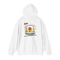 Thumbnail for Back of a white oversized Gildan 18500 graphic hoodie with a vintage graphic of salami, juevos, and queso and the words 