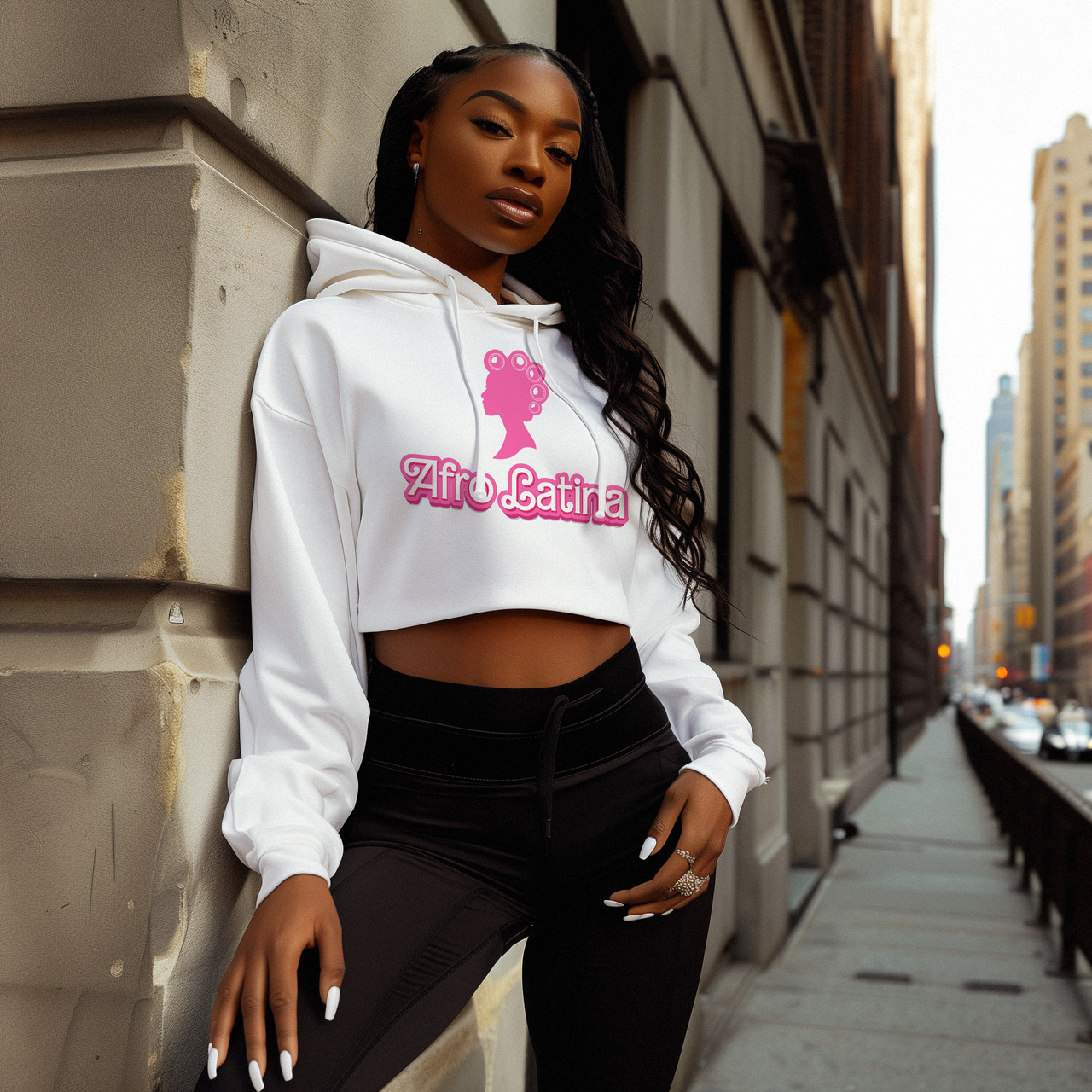 Stunningly beautiful Afro-Latina model wearing a cropped hoodie adorned with 'Afro-Latina' in a Barbie-style font and a silhouette of a woman with her hair in rollers, celebrating her heritage with elegance and style.