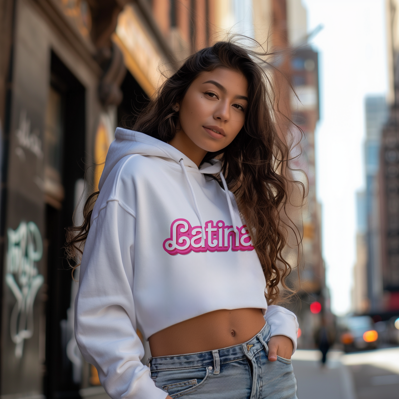 Beautiful Hispanic woman sporting a cropped hoodie emblazoned with 'Latina' in an iconic Barbie-style font, radiating confidence and cultural pride.