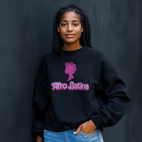 Thumbnail for Beautiful Dominican girl smiling wearing an oversized Gildan 18000 graphic crew neck sweatshirt with a Barbie con Rollos graphic and the words 