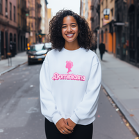 Thumbnail for Pretty Dominican girl smiling wearing an oversized Gildan 18000 graphic crew neck sweatshirt with a Barbie con Rollos graphic and the words 