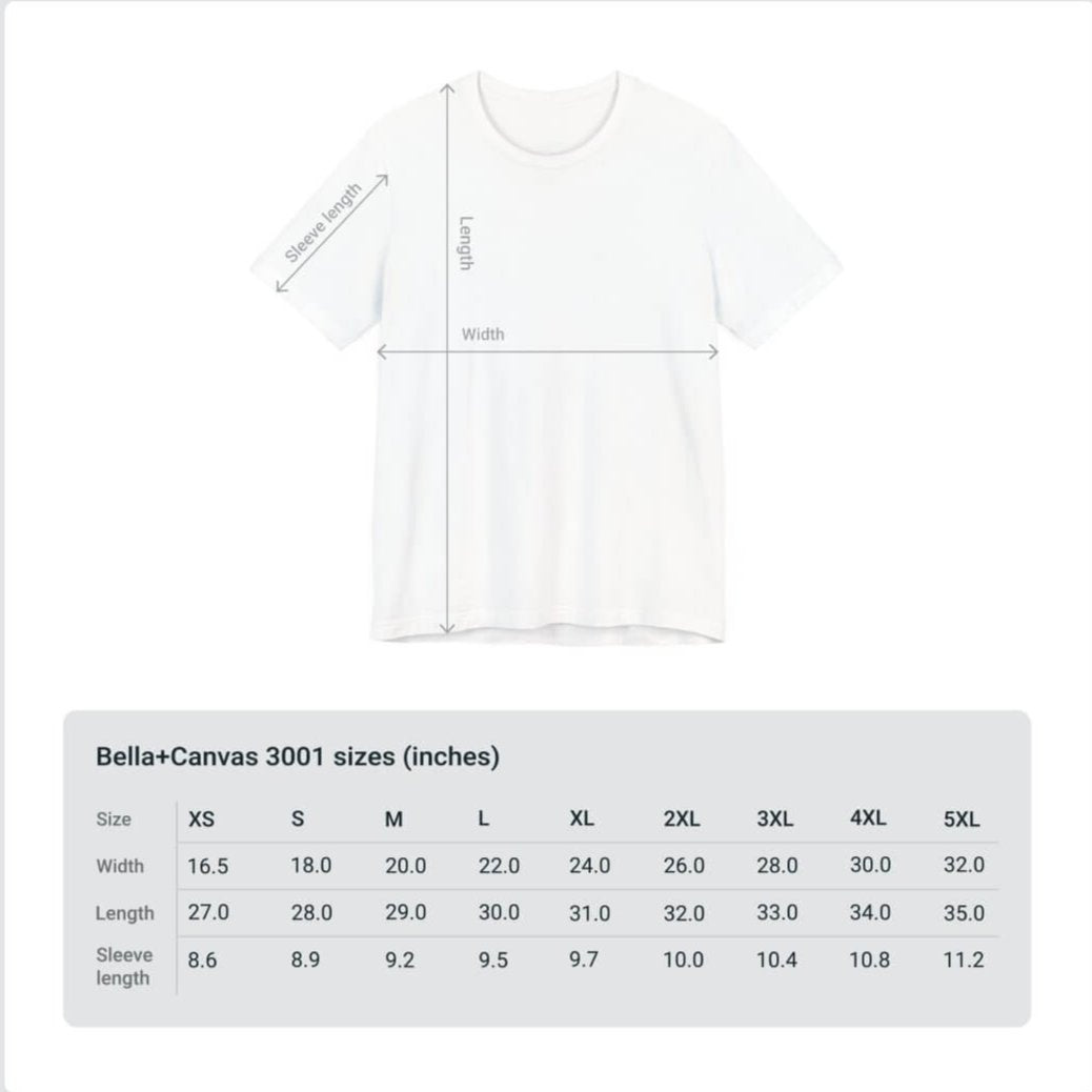 Black Bella+Canvas 3001 Extra Small to 5XL Size Chart Table