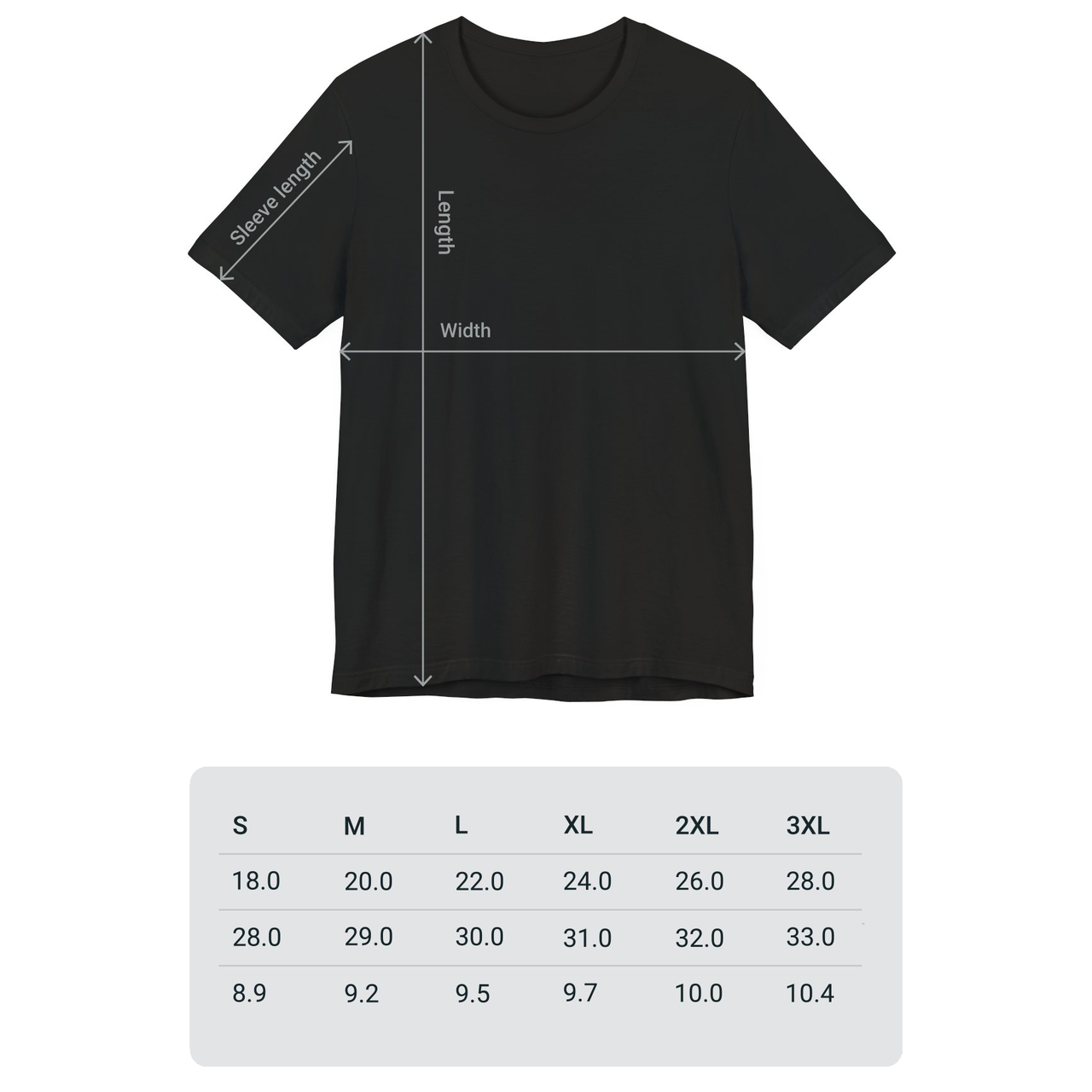 Black Bella+Canvas 3001 Small to 3XL Size Chart Table