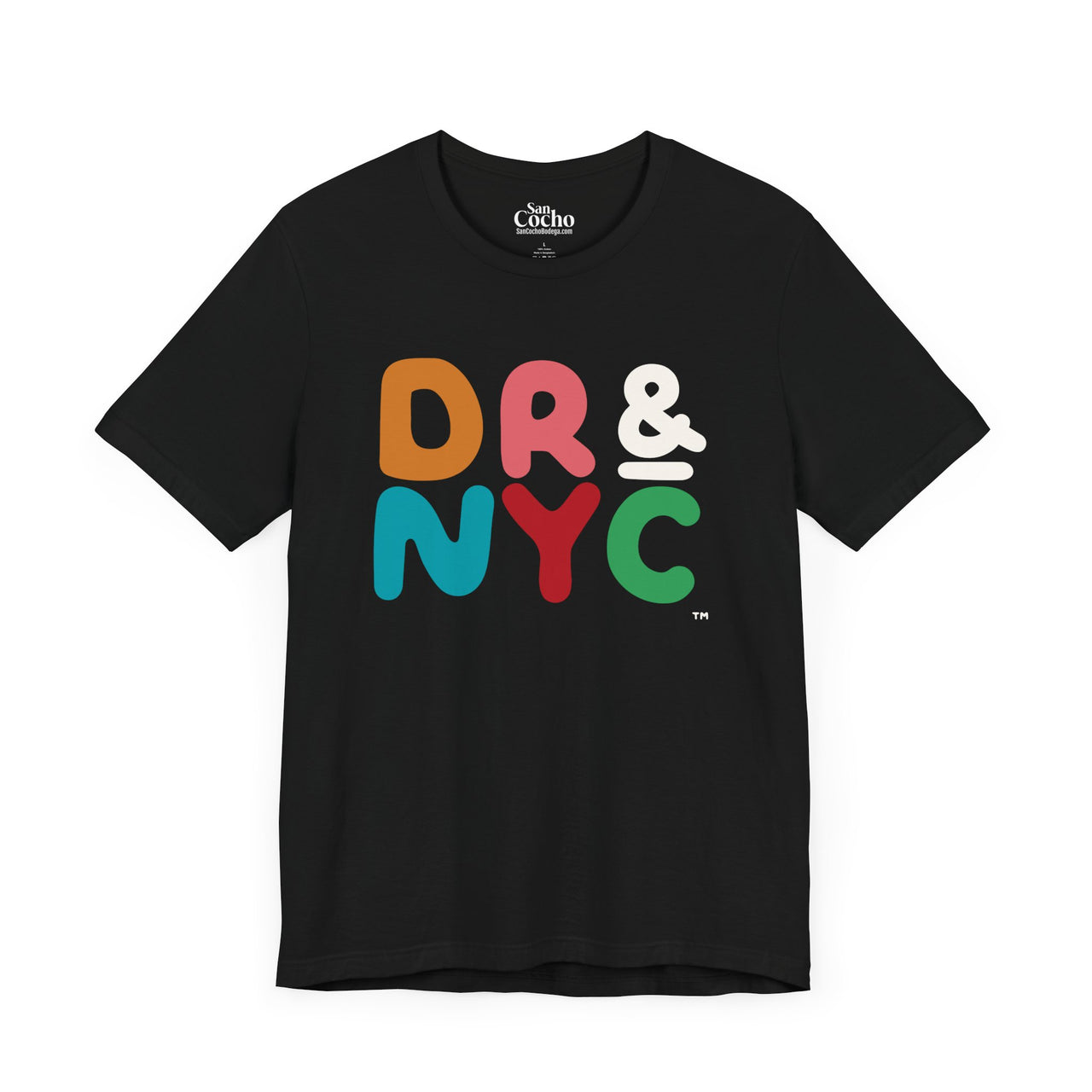 A black flat lay mockup of a graphic Bella Canvas 3001 graphic tshirt with the words "DR & NYC" on the front