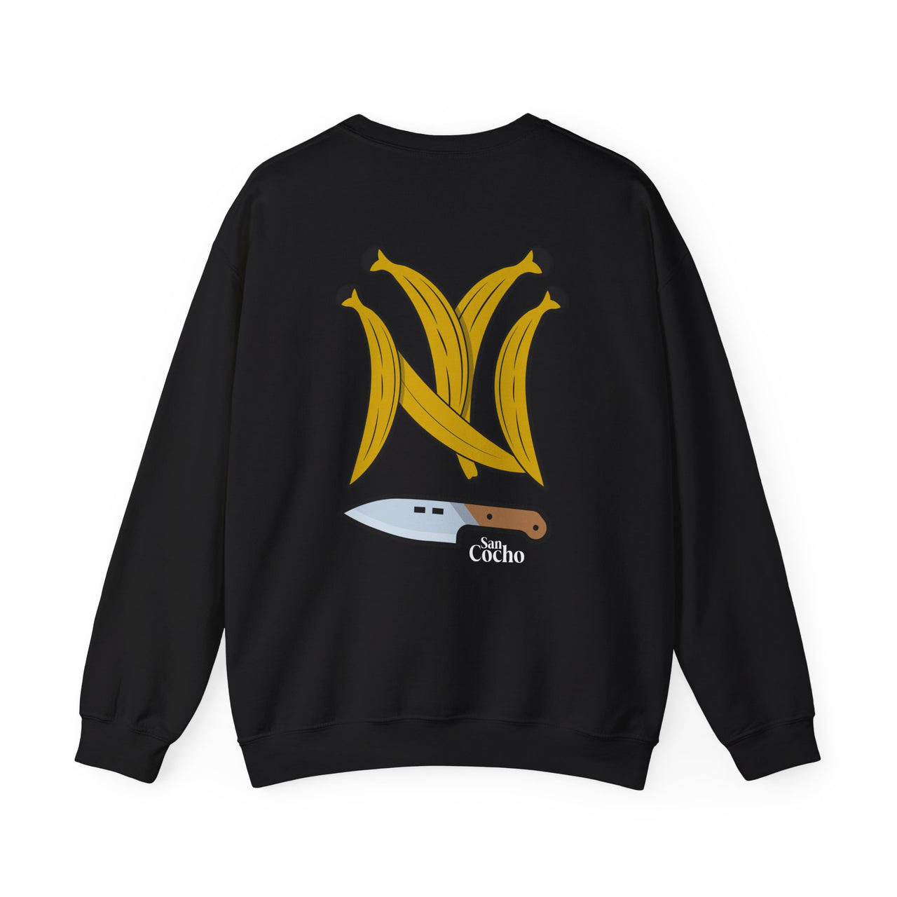 Back of black Gildan 18000 graphic crew neck sweatshirt with Platanos Shaped Like the New York Yankees Logo and "SanCocho Bodega" Text on the back