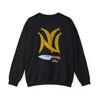 Thumbnail for Back of black Gildan 18000 graphic crew neck sweatshirt with Platanos Shaped Like the New York Yankees Logo and 