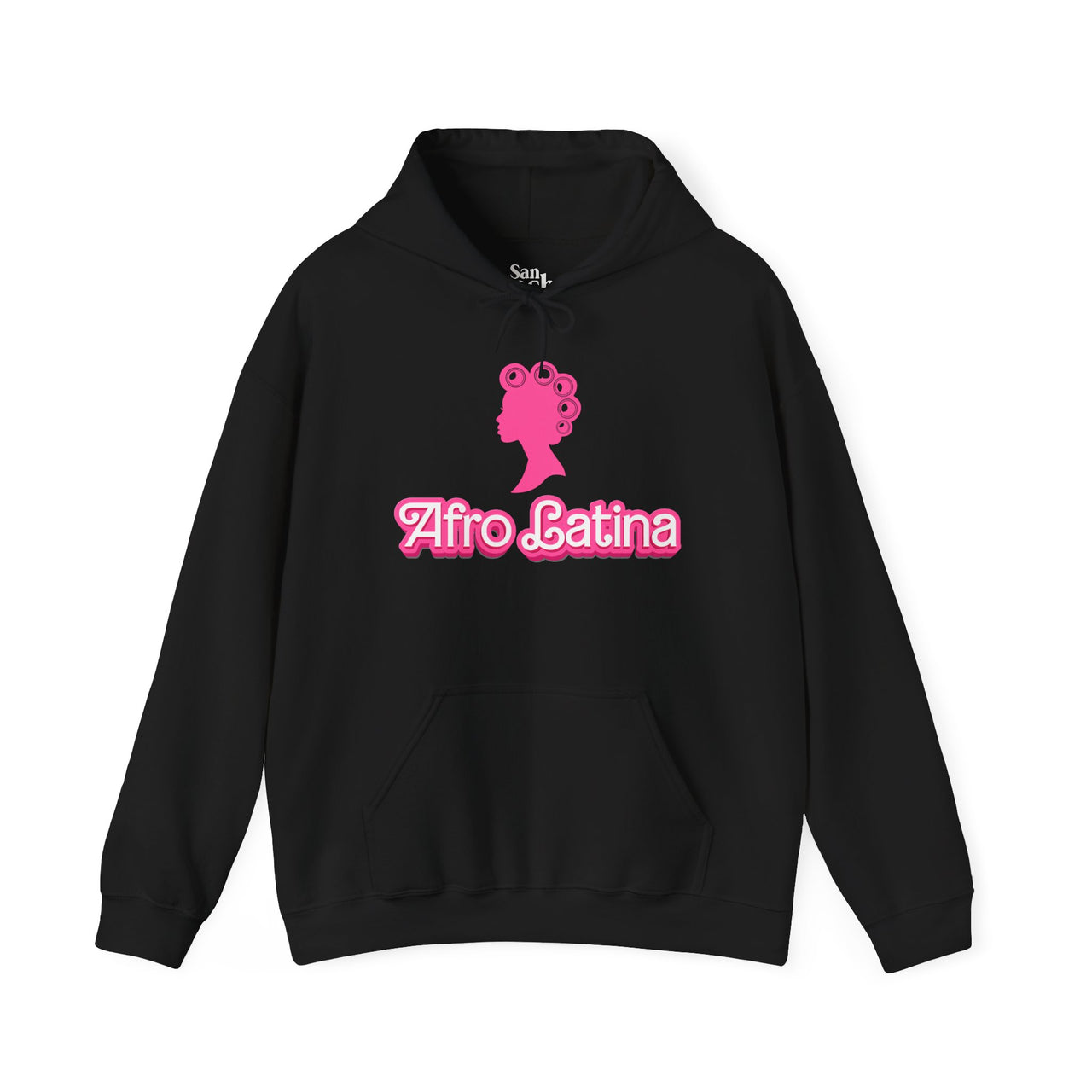 Black Gildan 18500 graphic hoodie with a Barbie con Rollos graphic and the words "Afro Latina" on the front