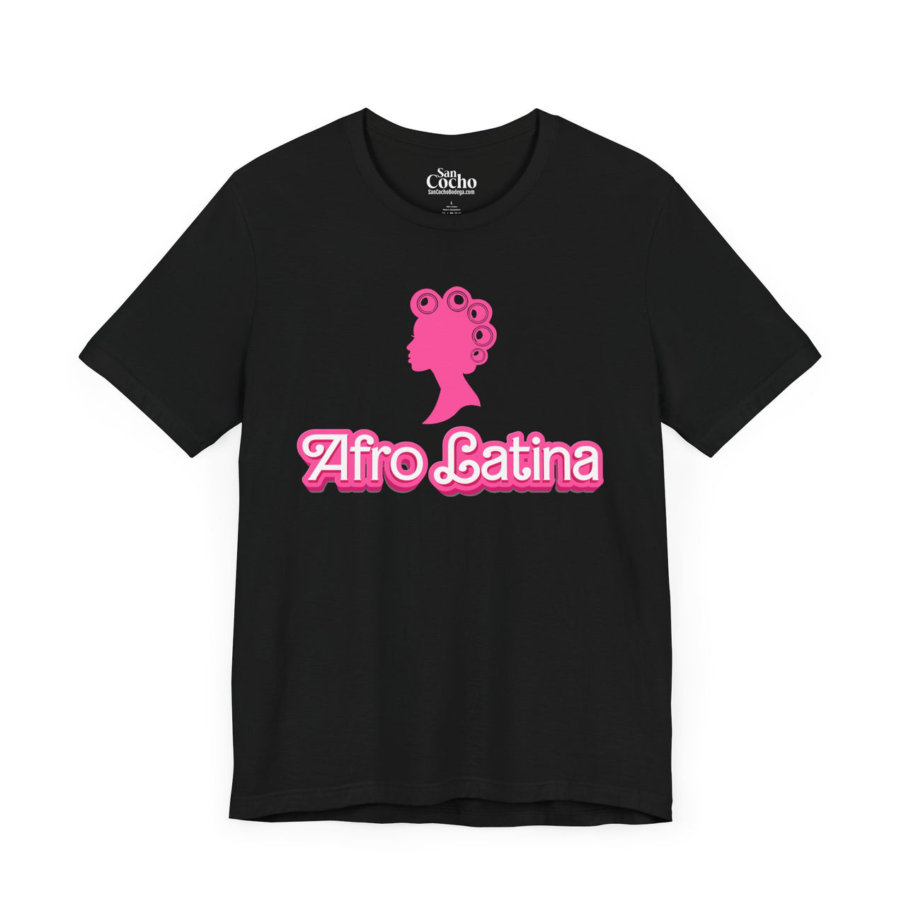 A black flat lay mockup of a Bella Canvas 3001 graphic tshirt with a Barbie con Rollos graphic and the words "Afro Latina" on the front