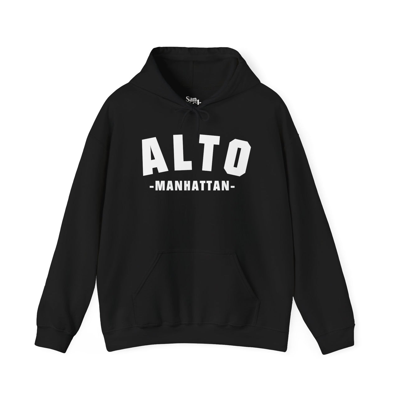 Black Gildan 18500 graphic hoodie about Uptown  New York In a Vintage Collegiate font with the words "Alto Manhattan" on the front