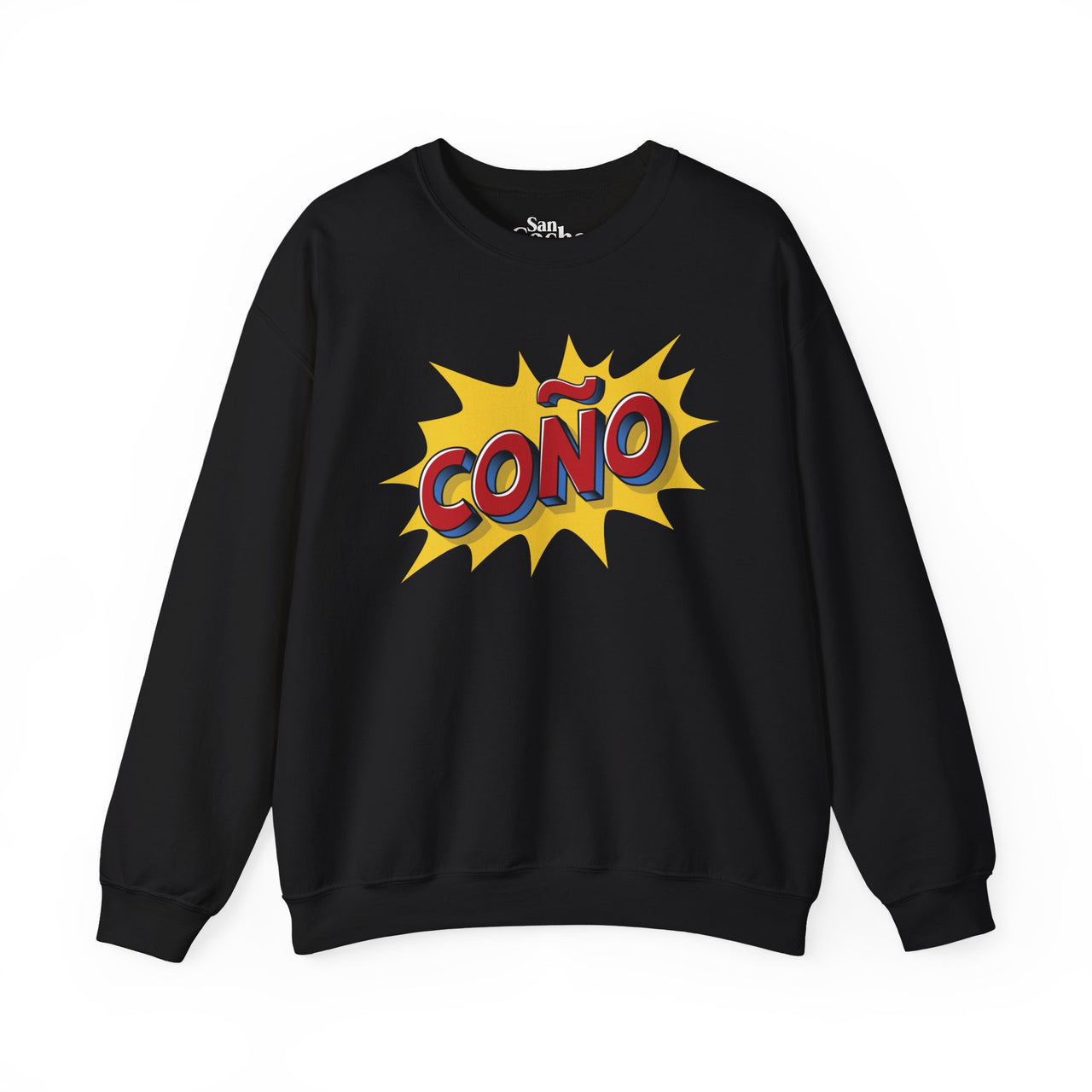 Black Gildan 18000 crew neck graphic sweatshirt in comic book style with the words "Coño" on the front