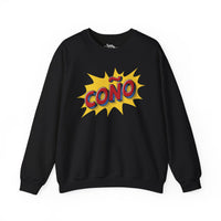 Thumbnail for Black Gildan 18000 crew neck graphic sweatshirt in comic book style with the words 